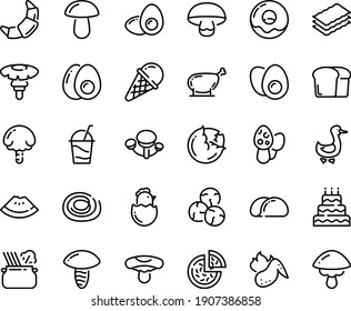 Food line icon set - watermelon piece, pizza, pasta in pan, ice cream, donut, croissant, cocktail, goose, chicken leg, hot wing, eggs yolk, chick egg, bread, big cake, tacos, cabbage, capers, morel