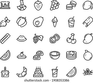 Food line icon set - watermelon piece, ice cream horn, drink to go, fortune cookie, grape, croissant, baguette, charlotte cake, cocktail, bakery, pancakes, big, pancake, macarons, cookies, beet