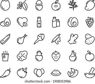 Food line icon set - watermelon piece, hot tea, olive oil, coffee tree, love, milk bootle and pack, rolling pin, broaken egg, chick, eggs, yolk, bottle, potato, onion, pepper, tomato, salad leaf
