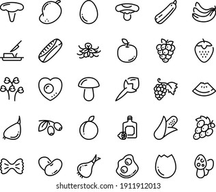 Food line icon set - watermelon piece, lemoncello, olives, grape, omelette, butter knife, egg, broaken, love, corn, onion, beans, garlic, squash, banana, strawberry, plum, raspberry, mango, cloves