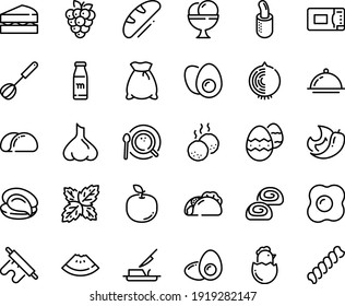 Food line icon set - watermelon piece, tacos, oyster, ice cream, french hot dog, bakery, butter knife, coffee top view, meatballs, whisk, dish dome, microwave oven, eggs yolk, chick egg, omelette