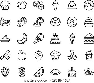 Food line icon set - watermelon piece, donut, ice cream horn, fortune cookie, panna cotta, croissant, charlotte cake, cocktail, meringue, bakery, cupcake, refined sugar, big, muffin, cookies, banana