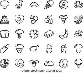 Food line icon set - watermelon piece, pizza, french hot dog, sashimi, ice cream, donut, croissant, cocktail, goose, chicken leg, eggs yolk, chick egg, love, bread, big cake, tacos, cabbage, capers