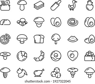 Food line icon set - watermelon piece, pizza, french hot dog, gunkan, pasta in pan, donut, croissant, goose, chicken leg, wing, eggs yolk, chick egg, love, bread, tacos, cabbage, capers, lasagne