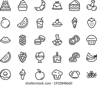 Food line icon set - watermelon piece, ice cream horn, fortune cookie, panna cotta, donut, croissant, charlotte cake, cocktail, meringue, bakery, cupcake, big, muffin, macarons, cookies, cherry