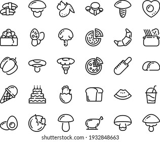Food line icon set - watermelon piece, pizza, french hot dog, sashimi, gunkan, pasta in pan, ice cream, croissant, cocktail, chicken leg, wing, chick egg, love, yolk, bread, big cake, tacos, cabbage