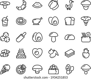 Food line icon set - watermelon piece, french hot dog, sashimi, gunkan, pizza, pasta in pan, ice cream, croissant, cocktail, goose, chicken leg, wing, eggs yolk, chick egg, love, bread, big cake