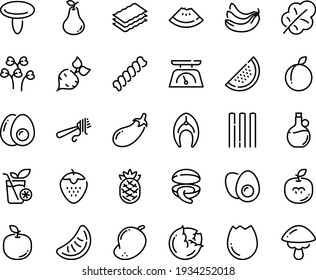 Food line icon set - watermelon piece, clam, fork with pasta, olive oil, fish steak, kitchen scales, broaken egg, eggs yolk, smoothies, beet, cabbage, eggplant, salad leaf, banana, strawberry, plum