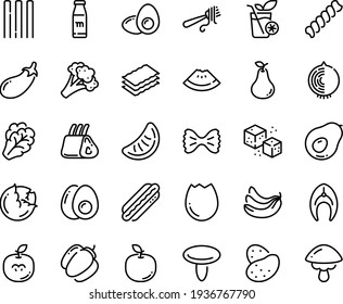 Food line icon set - watermelon piece, fork with pasta, hot dog, refined sugar, fish steak, ribs, broaken egg, eggs yolk, milk bottle, smoothies, potato, cabbage, arugula, broccoli, bell pepper, cep