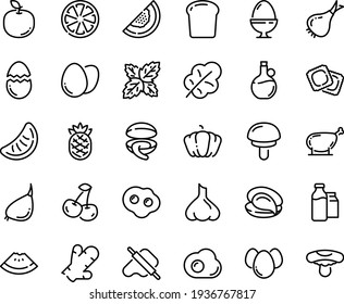 Food line icon set - watermelon piece, clam, oyster, dough and rolling pin, olive oil, ravioli, milk bootle pack, chicken leg, egg, stand, broaken, eggs, omelette, bread, onion, pumpkin, salad leaf