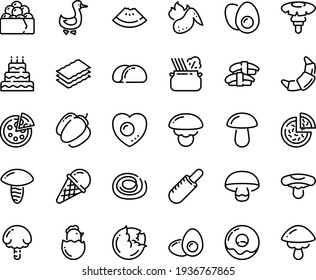 Food line icon set - watermelon piece, pizza, french hot dog, sashimi, gunkan, pasta in pan, ice cream, donut, croissant, goose, chicken wing, eggs yolk, chick egg, love, big cake, tacos bread, cep