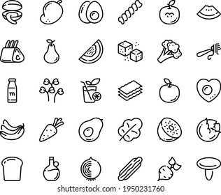 Food line icon set - watermelon piece, hot dog, clam, fork with pasta, olive oil, refined sugar, ribs, love egg, eggs yolk, milk bottle, smoothies, bread, carrot, beet, cabbage, broccoli, salad leaf