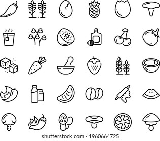 Food line icon set - watermelon piece, hot pepper, tea, lemoncello, coffee beans, refined sugar, milk bootle and pack, rolling pin, broaken egg, spikes, wheat, carrot, tomato, cherry, citrus, kiwi