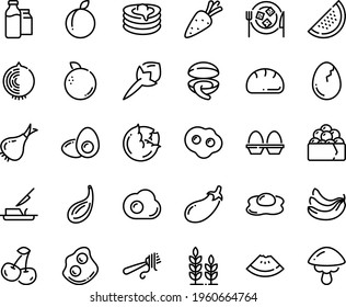 Food line icon set - watermelon piece, clam, gunkan, fork with pasta, omelette, cheese plate, pancakes, butter knife, milk bootle and pack, egg stand, broaken, yolk, bread, wheat, carrot, cabbage