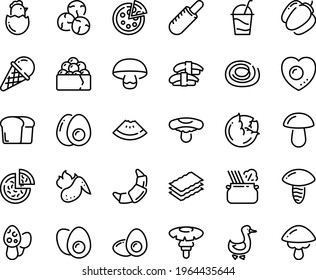 Food line icon set - watermelon piece, pizza, french hot dog, sashimi, gunkan, pasta in pan, ice cream, croissant, cocktail, goose, chicken wing, eggs yolk, chick egg, love, bread, cabbage, capers