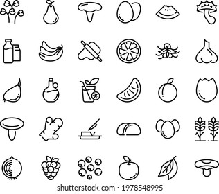 Food line icon set - watermelon piece, dough and rolling pin, olive oil, butter knife, milk bootle pack, egg, broaken, eggs, smoothies, spikes, tacos bread, garlic, banana, citrus, plum, raspberry