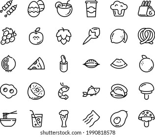 Food line icon set - watermelon piece, pizza, fish, funchose, oyster, shrimp, pretzel, beer glass, french hot dog, coffee to go, kebab, ribs, omelette, easter egg, coconut cocktail, soda, cupcake