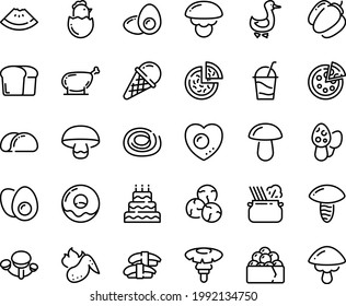 Food line icon set - watermelon piece, pizza, sashimi, gunkan, pasta in pan, ice cream, donut, cocktail, goose, chicken leg, hot wing, eggs yolk, chick egg, love, bread, big cake, tacos, bell pepper