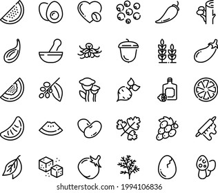 Food line icon set - watermelon piece, lemoncello, acorn, coffee tree, love, refined sugar, rolling pin, broaken egg, eggs yolk, wheat, beet, pepper, tomato, eggplant, beans, citrus, melon, grape