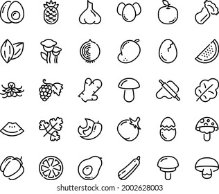 Food line icon set - watermelon piece, dough and rolling pin, grape, broaken egg, eggs, yolk, bell pepper, tomato, salad leaf, squash, citrus, mango, apple fruit, avocado, pineapple, chili, ginger