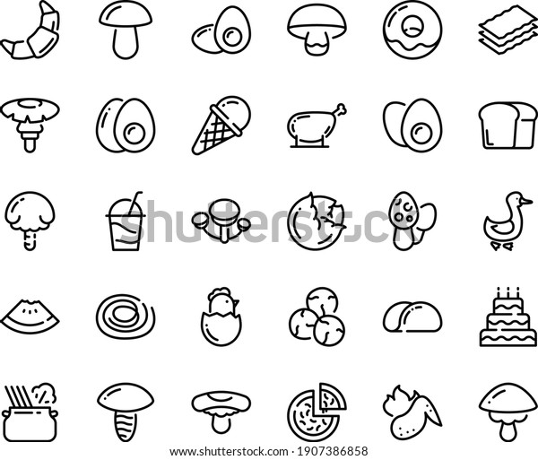 Food line icon set - watermelon piece, pizza, pasta\
in pan, ice cream, donut, croissant, cocktail, goose, chicken leg,\
hot wing, eggs yolk, chick egg, bread, big cake, tacos, cabbage,\
capers, morel