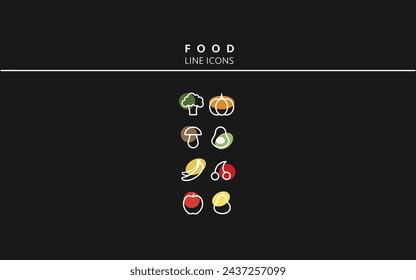 Food line icons. Healthy food. On a black background