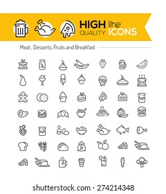 Symbole der Lebensmittelzeile, einschließlich: Fleisch, Desserts, Früchte und Frühstück