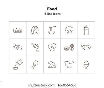 Food line icons. Set of line icons. Cheese, croissant, boiled egg. Food concept. Vector illustration can be used for topics like meals, eating, nourishment