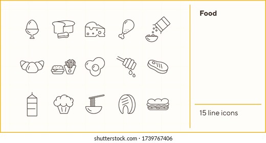 Food line icons. Set of line icons. Cheese, croissant, boiled egg. Food concept. Vector illustration can be used for topics like meals, eating, nourishment