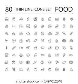 Food Line Icons Set Collection. Bakery, Seafood, Vegetables, Fruit, Coffee, Meat, Fastfood. Vector illustration eps10.