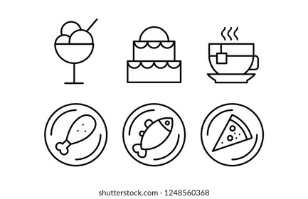 Food line icons set, delicious dishes and desserts, cafe, bar, food delivery vector Illustration on a white background