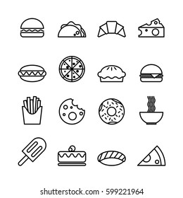 Food line icons set including meals, desserts, and breakfast isolated on white background, vector illustration