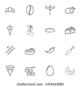 Food line icons set. linear style symbols collection outline signs pack. vector graphics. Set includes icons as dessert, meat steak, cheese, fruit, pizza, sushi roll, coffee bean, vegetable, ice cream