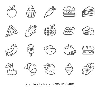 Food line icons. Vegetables, Fruits and Sweet Desserts icons. Potato slices, corn and fresh carrot. Strawberry, Apple and Orange. Cake, Ice cream and Cupcake icon. Pizza, burger and hotdog. Vector