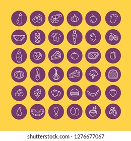 Food line icons. White line icons on purple circles, yellow background. Nutrition concept