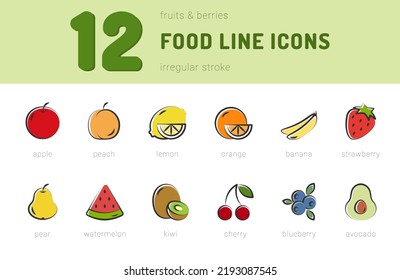 Food Line Outline Icons Set, Fruits And Berries, Healthy Food. Colorful, Irregular Stroke. Vector Illustration