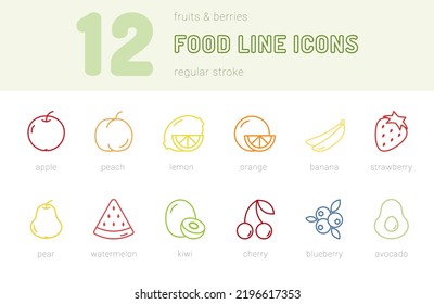 Food line outline icons set, fruits and berries, healthy food. Colorful regular stroke. Isolated on white background. Vector illustration	