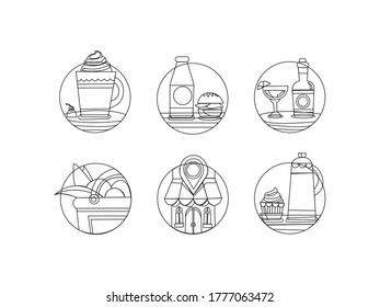 food line outline vector icons set. Cooking accessories, simple kitchen, Restaurant, cafe Food and drinks.