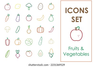 Food lineal color icon set, fruits and vegetables, healthy and veggy	
