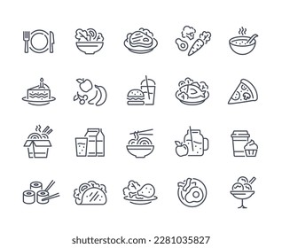 Food linear icons set. Fresh fruits and vegetables. Sushi and rolls, cake with candle. Chicken leg with salad, coffee with muffin. Cartoon flat vector illustrations isolated on white background
