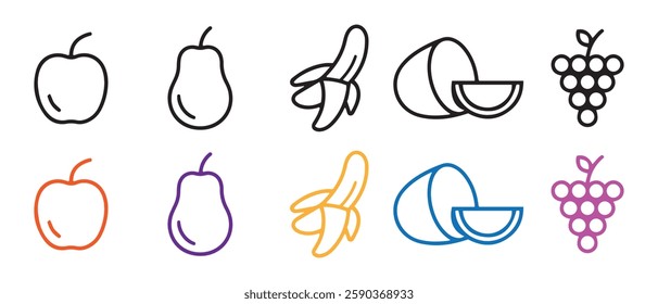 Food linear icons set. Fresh fruits and vegetables. Sushi and rolls, cake with candle. Chicken leg with salad, coffee with muffin. Cartoon flat vector illustrations isolated on white background