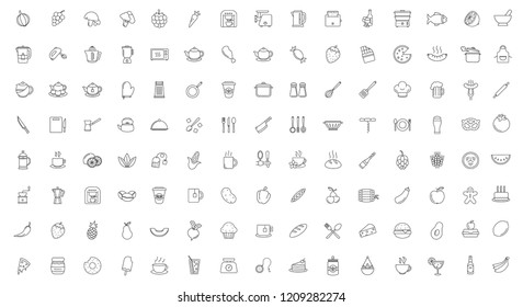 Food linear icons set. Meal preparation. Cooking. Fruits, vegetables, kitchen utensil and appliance. Kitchenware. Cafe, restaurant. Thin line contour symbols. Isolated vector outline illustrations