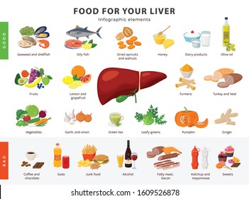 Food for Liver infographic elements isolated on white background. Healthy and unhealthy foods for human liver and gallbladder health icons in flat design.