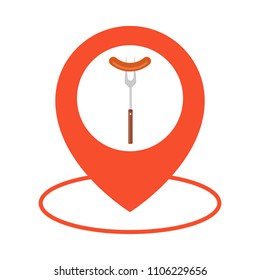 Food Location Icon Logo Design Element. Barbecue sausage icon map pointer. Vector illustration flat design. Isolated on white background.