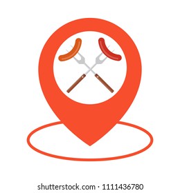 Food Location Icon Logo Design Element. Barbecue sausage icon map pointer. Vector illustration flat design. Isolated on white background.