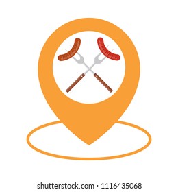 Food Location Icon Logo Design Element. Barbecue sausage icon map pointer. Vector illustration flat design. Isolated on white background.