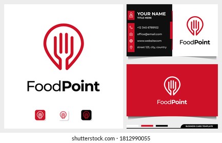 Food location logo , with the concept of a pin combined with a fork. business card design