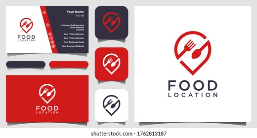 food location logo design, with the concept of a pin icon combined with a fork and spoon. business card design