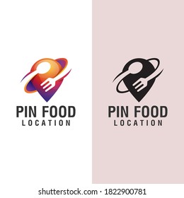 food location logo design, with concept of a pin wind fork and spoon