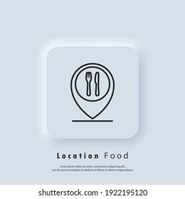 Food location logo. Mobile app icon public catering point. App symbol restaurant address location. Pointer cursor with knife fork. Vector EPS 10. UI icon. Neumorphic UI UX. Neumorphism